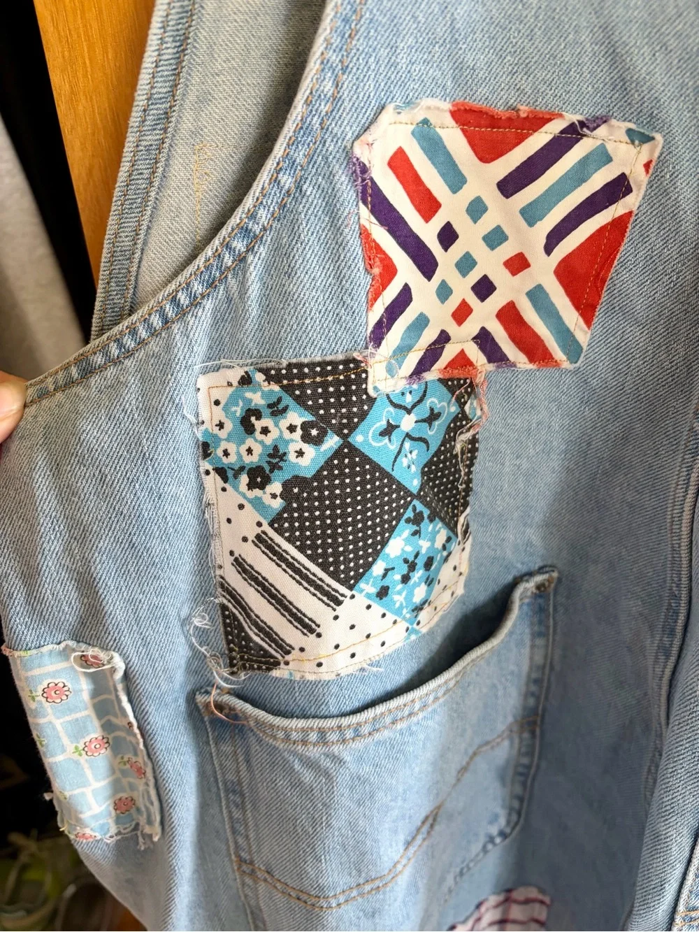 Adorable Old Navy Light Blue Denim Colorful Patchwork Overalls - Picture 8 of 13
